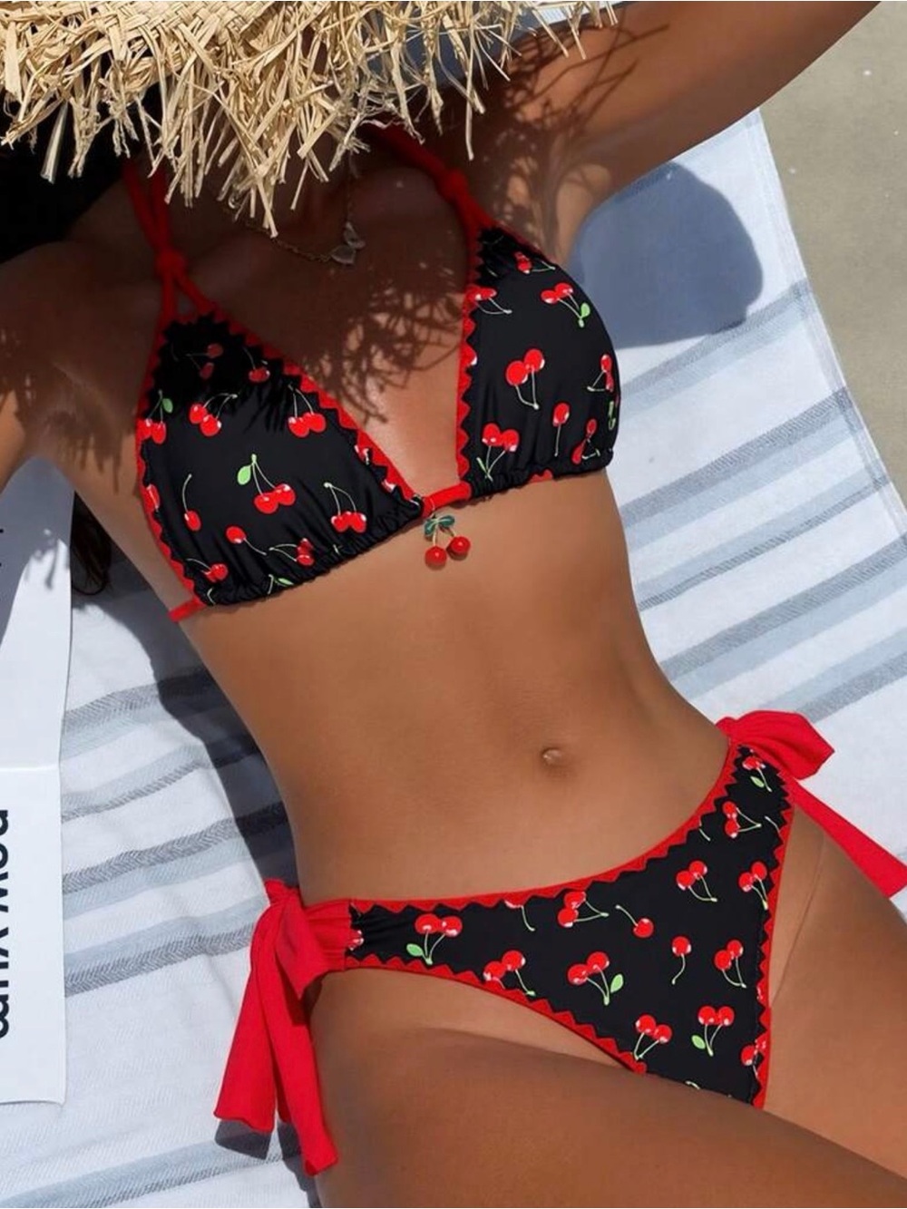 Black Cherry Print Triangle Bikini Set